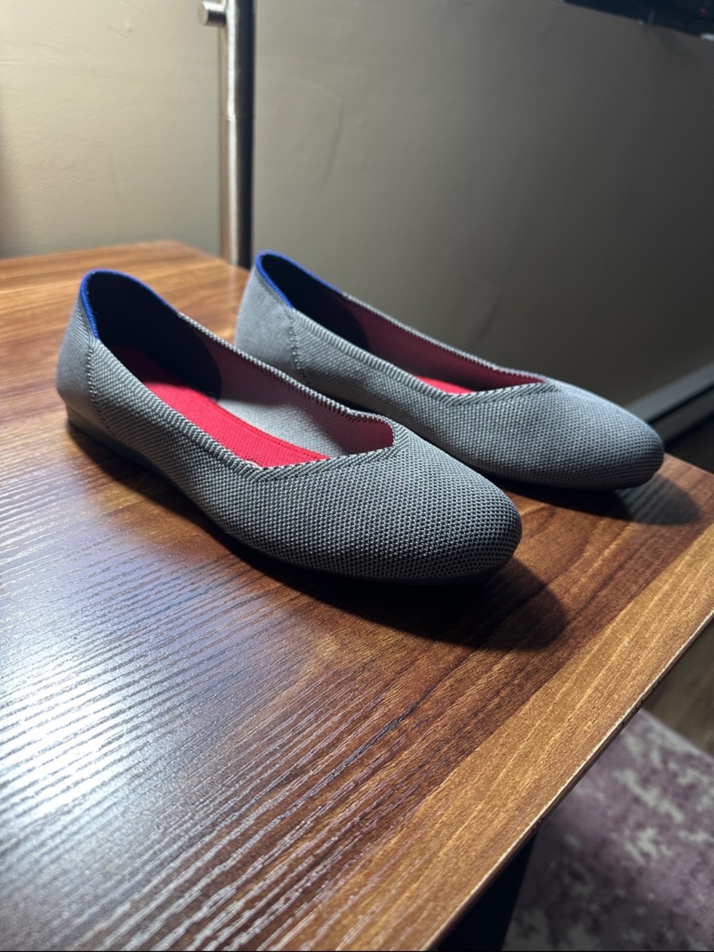 Rothy's Gray Knit Flats with Pink Insole and Blue Trim